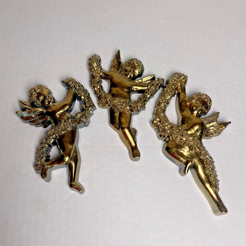Set 3 Vintage Syroco USA Gold Cherub Angel #3081 Wall Hangings 4.5" - 5.75"